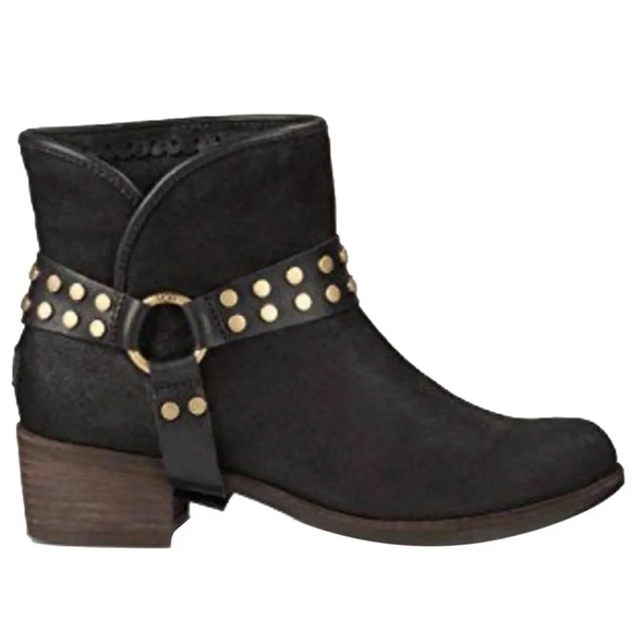 UGG Darling Black Suede Bronze Stud Harness Slip On Ankle Boots - Picture 2 of 10